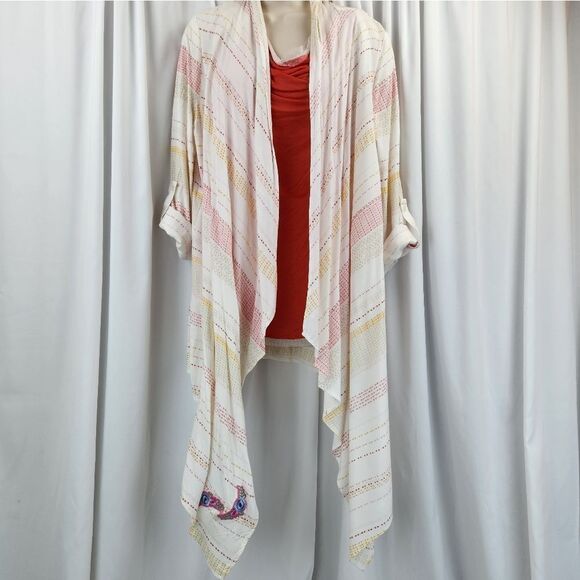 🍑Cato Ivory Striped Lightweight Adjustable Roll Tab Long Sleeve Duster Large - Picture 2 of 14